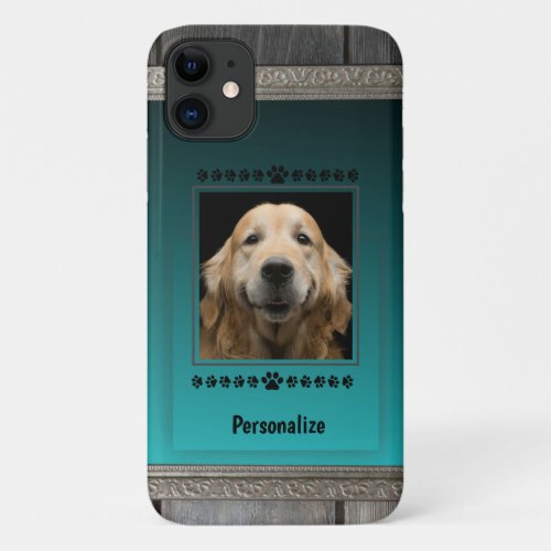 Personalize Pet Photo Collage in Gray Wood Effect iPhone 11 Case