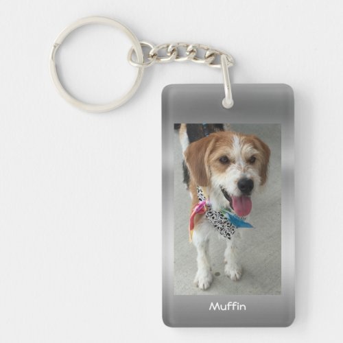 Personalize Pet Photo  Names Faux Metallic Silver Keychain