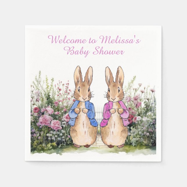 Personalize Peter and Flopsy Baby shower with name Napkins (Front)