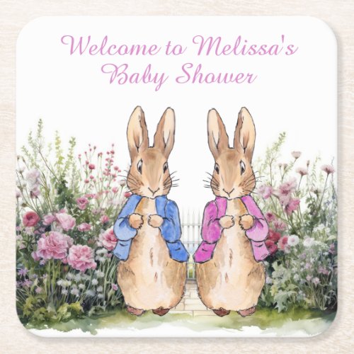 Personalize Peter and Flopsy Baby shower with name Square Paper Coaster