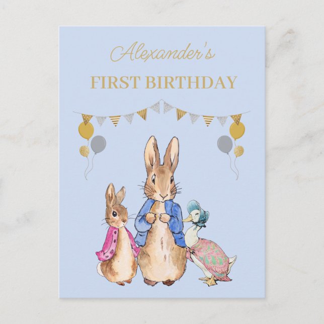 Personalize Peter rabbit 1st Birthday Invitation Postcard (Front)