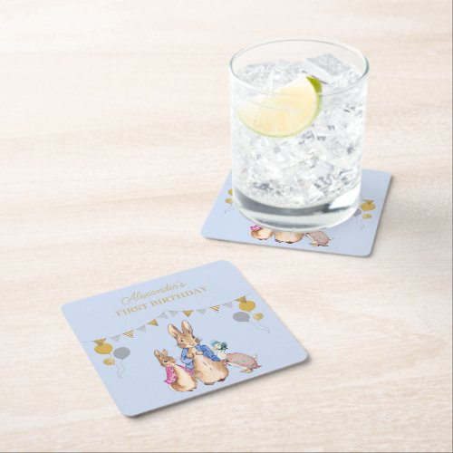 Personalize Peter rabbit 1st Birthday Square Paper Coaster