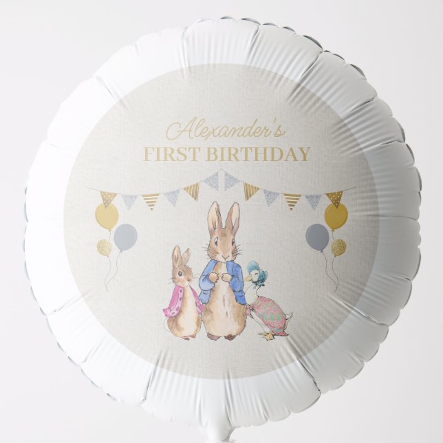 Personalize Peter rabbit beige linen 1st Birthday Balloon (Front)