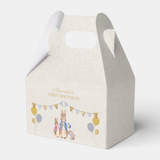Personalize Peter rabbit beige linen 1st Birthday Favor Boxes (Back Side)