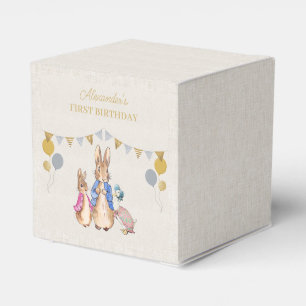 Personalize Peter rabbit beige linen 1st Birthday Favor Boxes