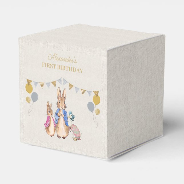 Personalize Peter rabbit beige linen 1st Birthday Favor Boxes (Back Side)