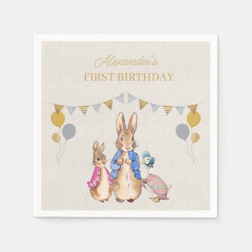 Personalize Peter rabbit beige linen 1st Birthday Napkins