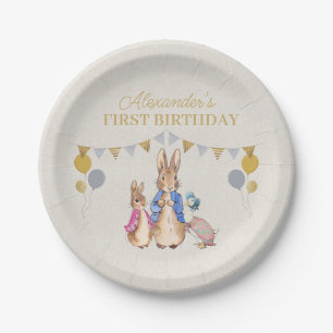 Personalize Peter rabbit beige linen 1st Birthday Paper Plates