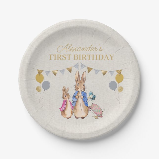 Personalize Peter rabbit beige linen 1st Birthday Paper Plates (Front)