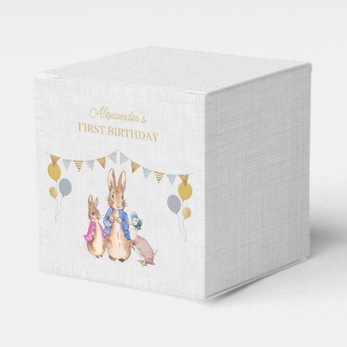 Personalize Peter rabbit gray linen 1st Birthday Favor Boxes
