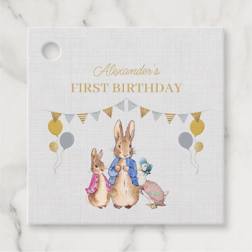 Personalize Peter rabbit gray linen 1st Birthday Favor Tags