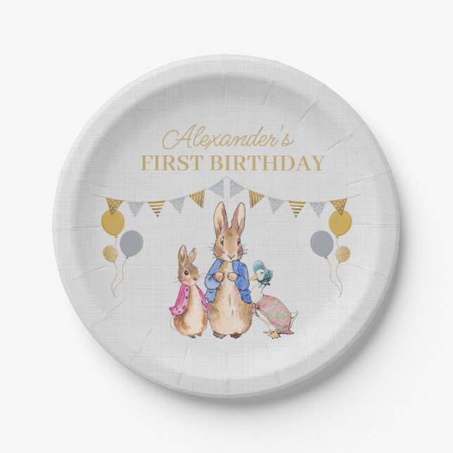 Personalize Peter rabbit gray linen 1st Birthday Paper Plates (Front)