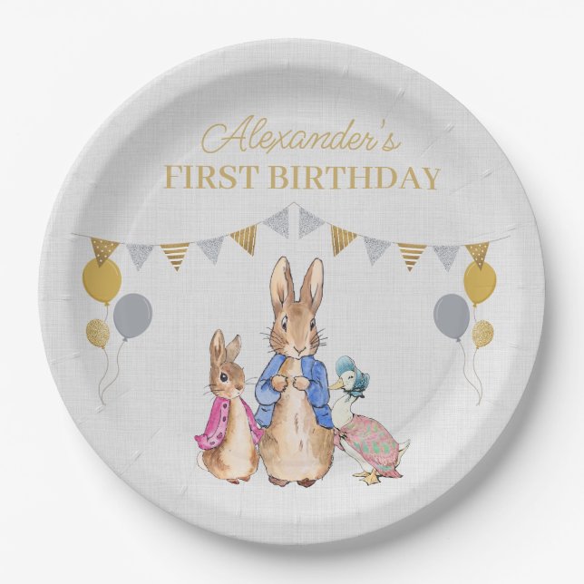 Personalize Peter rabbit gray linen 1st Birthday Paper Plates (Front)