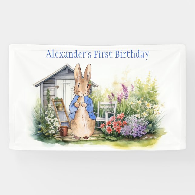 Personalize Peter the rabbit in a garden Banner (Horizontal)