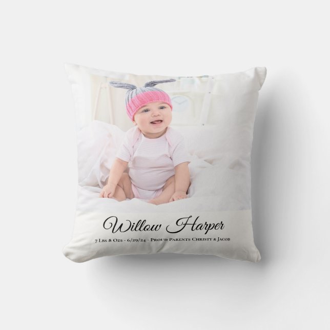 Personalize Photo Baby Birth Announcement Throw Pillow (Front)