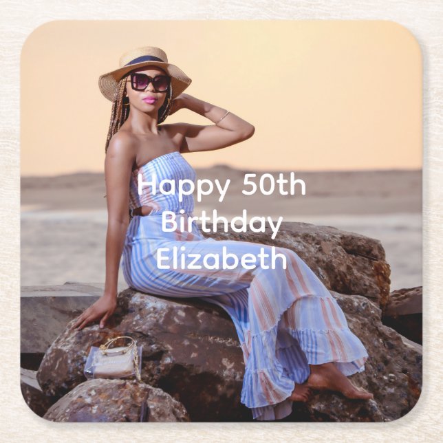 Personalize Photo Birthday His Her  Square Paper Coaster (Front)