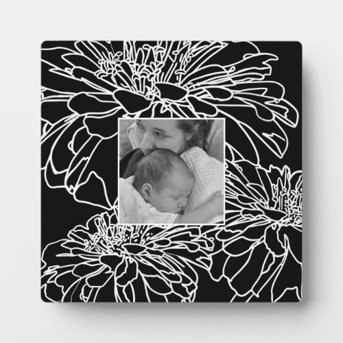 Personalize photo black white floral line drawing  plaque