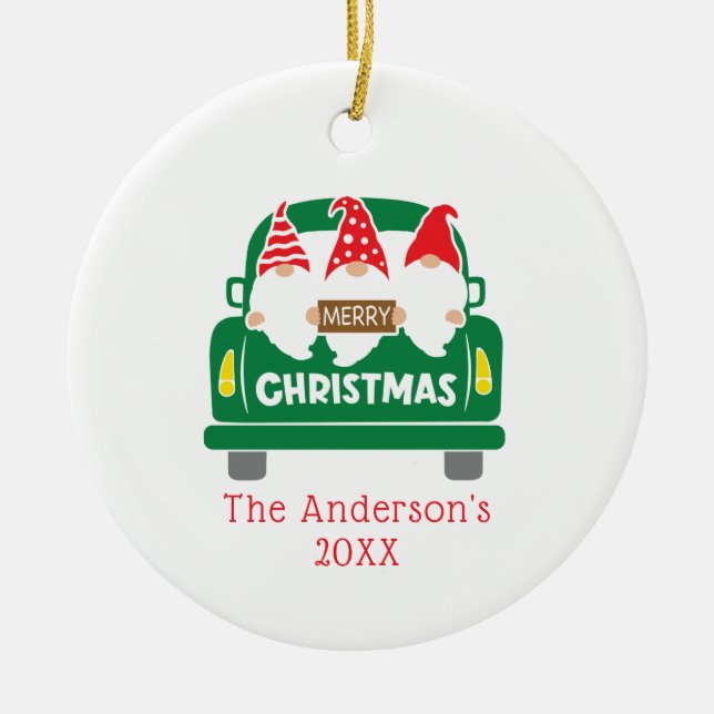 Personalize Photo Christmas Gnomes Truck Christmas Ceramic Ornament (Front)