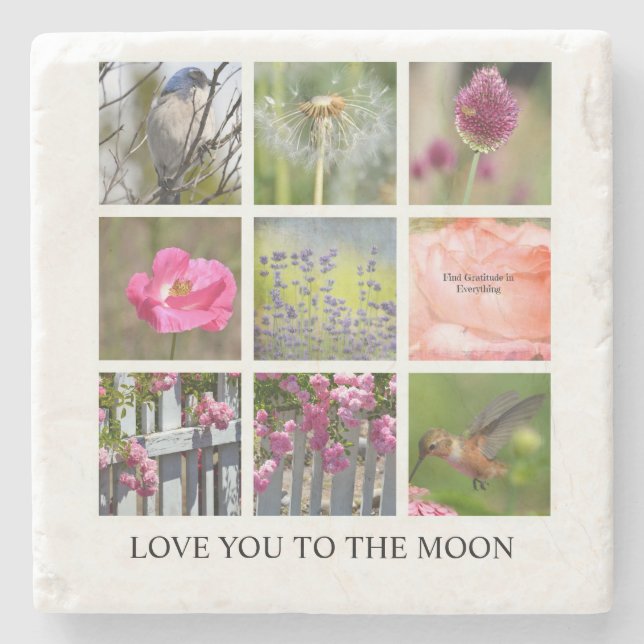 Personalize Photo Collage Flowers and Birds Stone Coaster (Front)
