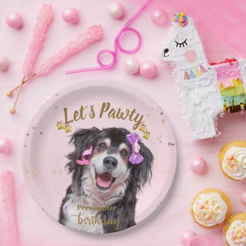 Personalize Photo Dog Birthday Pink Pawty Paper Plates