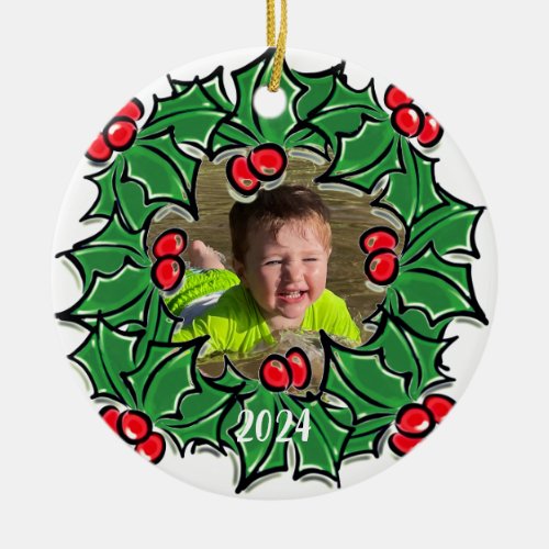 Personalize photo Holly Leaves berries Christmas  Ceramic Ornament