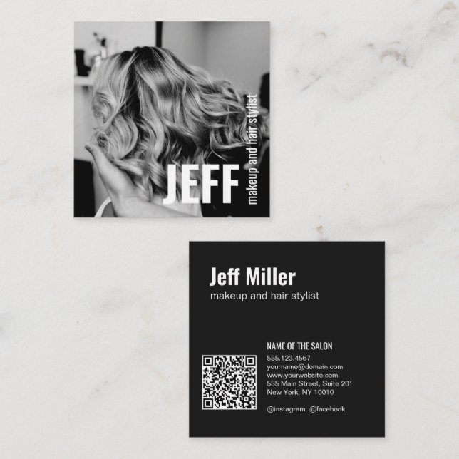 Personalize Photo Minimalist Hairdresser Salon Square Business Card (Front/Back)