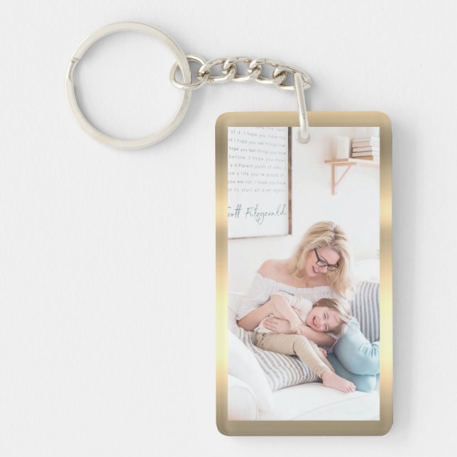 Personalize Photo & Name, Faux Metallic Gold Keychain (Front)