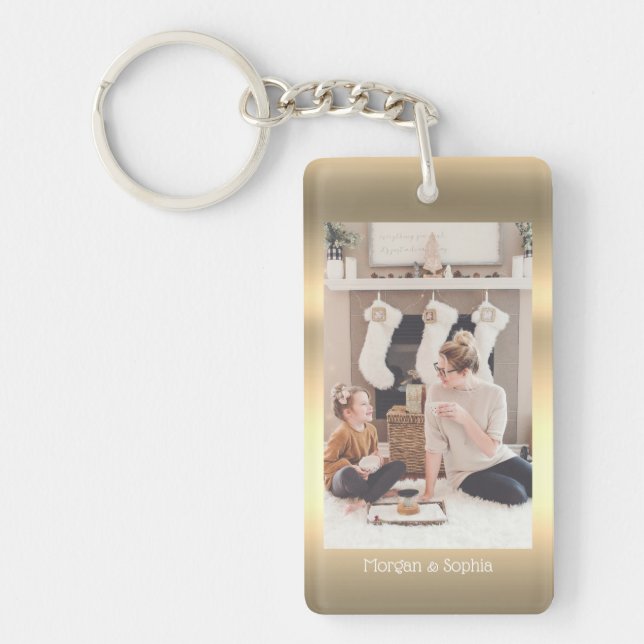 Personalize Photo & Names Faux Metallic Gold, Vs 2 Keychain (Front)