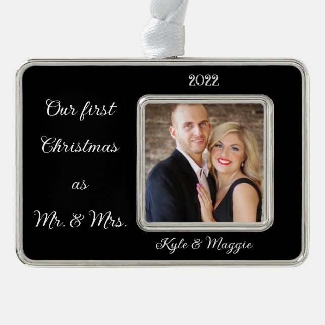 Personalize Photo Our First Christmas Couple Black Christmas Ornament (Front)