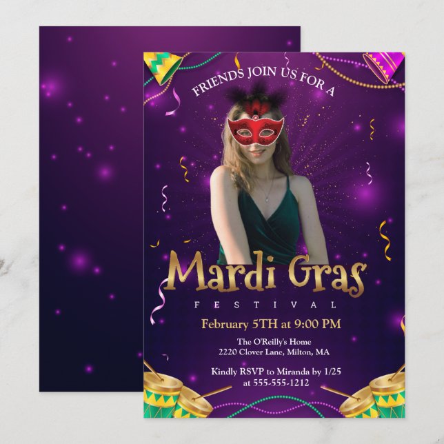 Personalize Photo Red Masquerade Masks Mardi Gras  Invitation (Front/Back)