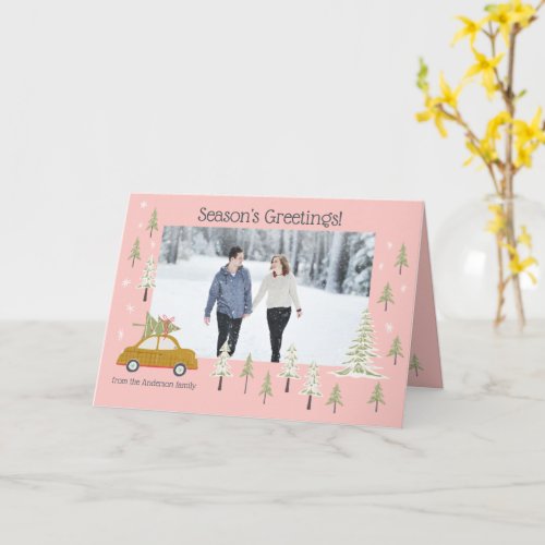 Personalize Photo Retro Woodland Pink Christmas  Card