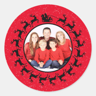 Personalize PHOTO Santa's Sleigh Christmas Red Classic Round Sticker