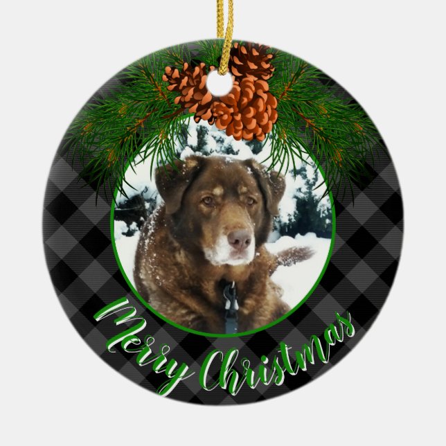 Personalize photo template gray plaid Holiday Pet  Ceramic Ornament (Front)