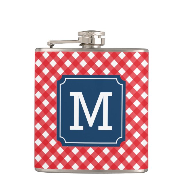 Personalize Picnic Red Gingham Name Monogram Flask (Front)