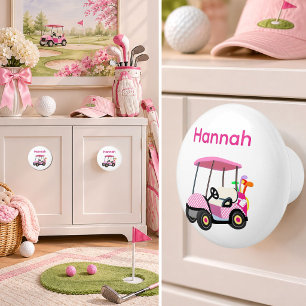 Personalize Pink and White Girl's Golf Cart Ceramic Knob