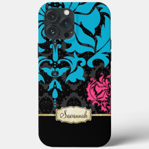Personalize Pink Aqua Black and Gold iPhone 13 Pro Max Case