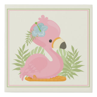 Personalize Pink Baby Flamingo Palms Hibiscus Faux Canvas Print