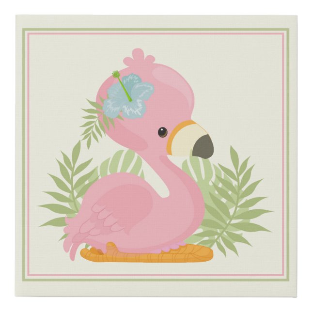 Personalize Pink Baby Flamingo Palms Hibiscus Faux Canvas Print (Front)