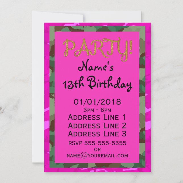 Personalize - Pink Camo Invitation (Front)
