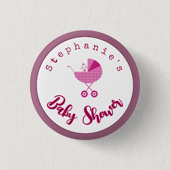 Personalize Pink Carriage Baby Shower Favor  Button (Front)