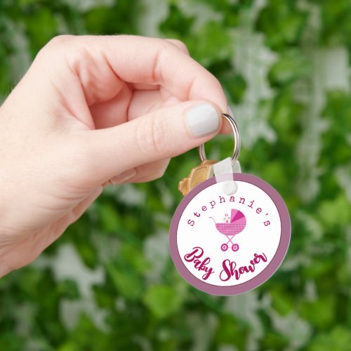Personalize Pink Carriage Baby Shower Favor  Keychain