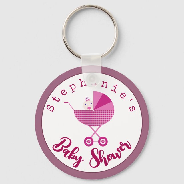 Personalize Pink Carriage Baby Shower Favor Keychain (Front)