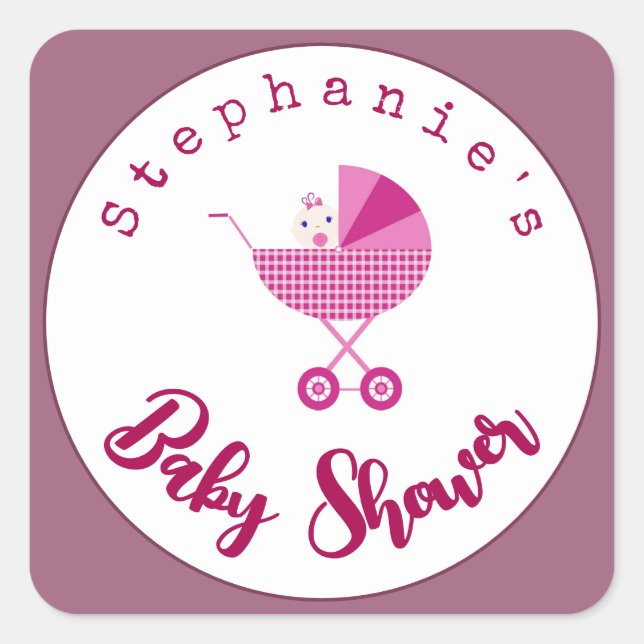 Personalize Pink Carriage Baby Shower   Square Sticker (Front)