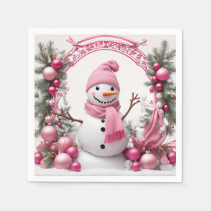 Personalize: Pink Christmas Snowman Napkins