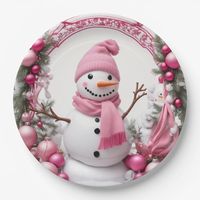 Personalize: Pink Christmas Snowman Paper Plates (Front)