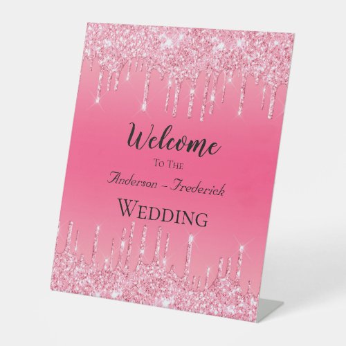 Personalize Pink Dripping Glitter Wedding Welcome Pedestal Sign