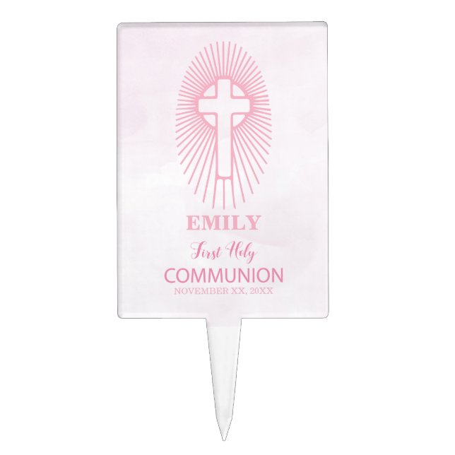 Personalize, Pink First Holy Communion Cross Host Cake Topper (Front)