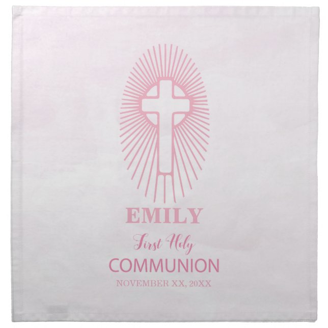 Personalize, Pink First Holy Communion Cross Host Cloth Napkin (Front)