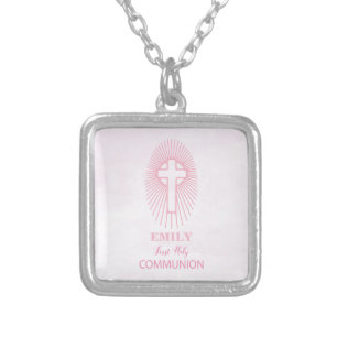 Personalize, Pink First Holy Communion Cross Host Silver Plated Necklace