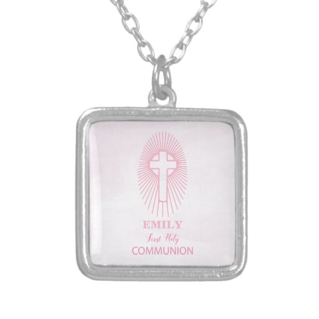 Personalize, Pink First Holy Communion Cross Host Silver Plated Necklace (Front)